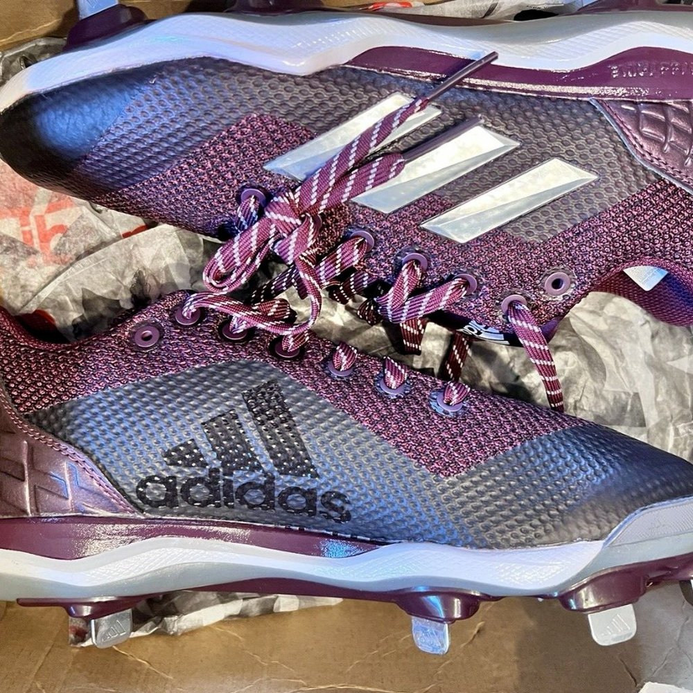 NEW ADIDAS POWER ALLEY 5 Metal Cleats Maroon Silver Baseball Softball Mens 7.5